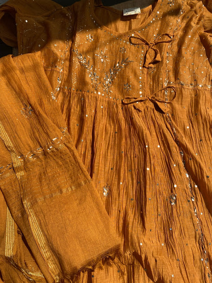 Roohani Mustard Handcrafted Mukaish Gown Set - Semi Stitched - Famous Chikankari