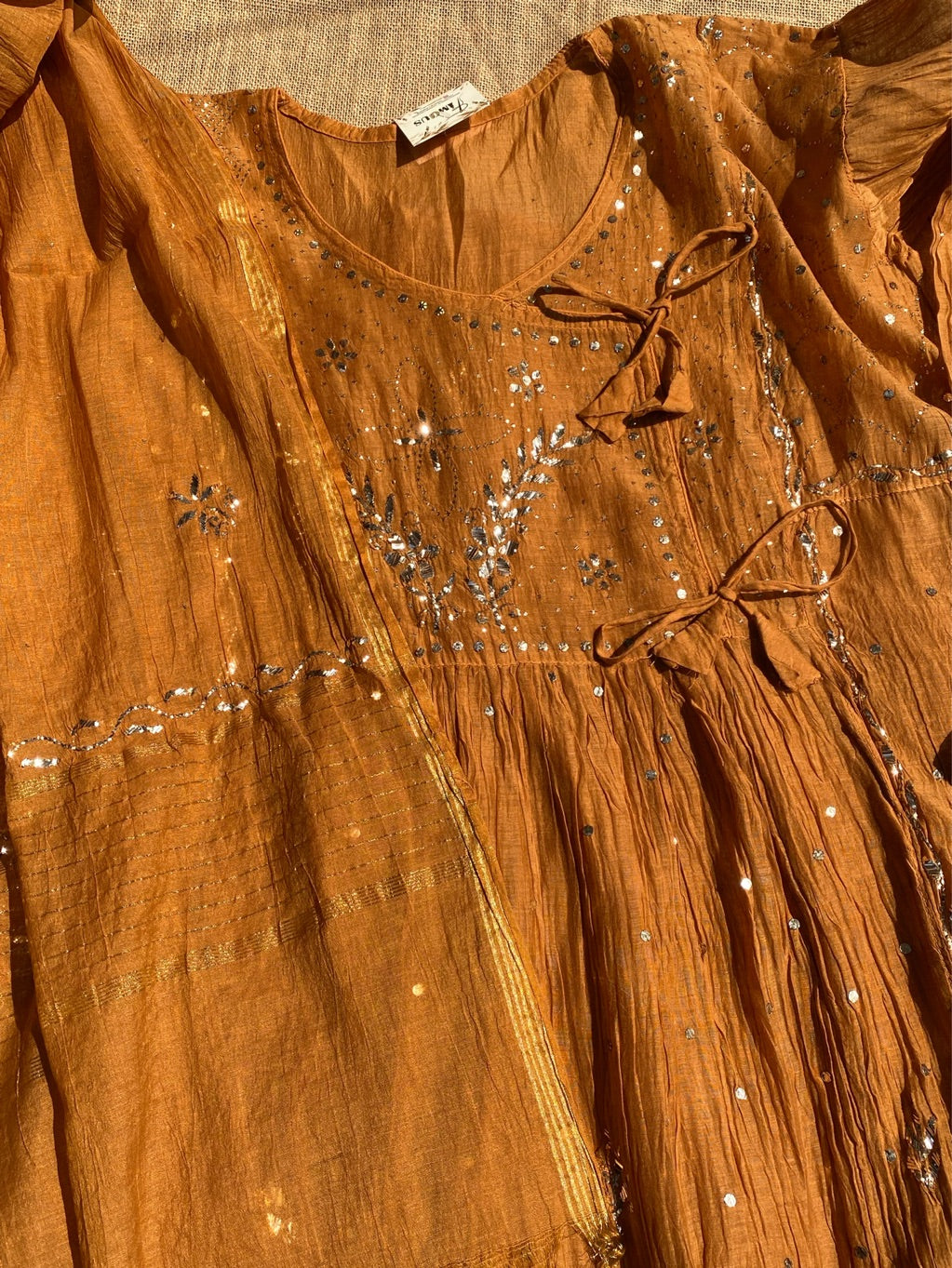 Roohani â€“ Mustard Handcrafted Mukaish Gown Set - Semi Stiched