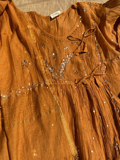 Roohani Mustard Handcrafted Mukaish Gown Set - Semi Stitched - Famous Chikankari