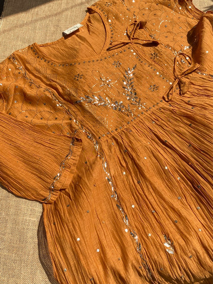 Roohani Mustard Handcrafted Mukaish Gown Set - Semi Stitched - Famous Chikankari