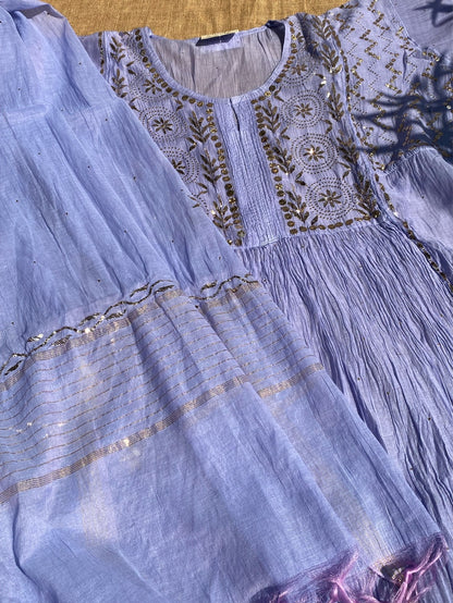 Roohani Purple Handcrafted Mukaish Gown Set - Semi Stitched - Famous Chikankari