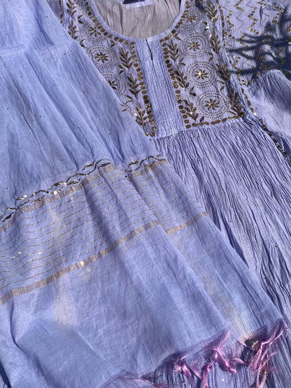 Roohani Purple Handcrafted Mukaish Gown Set - Semi Stitched - Famous Chikankari