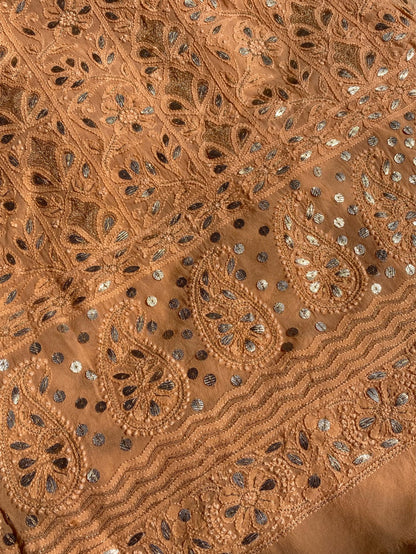 Peach Chikankari Gotapatti Viscose Unstitched Dress - Famous Chikankari