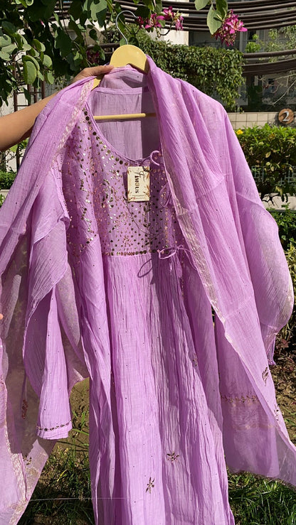 Roohani Lilac Handcrafted Mukaish Gown Set - Famous Chikankari