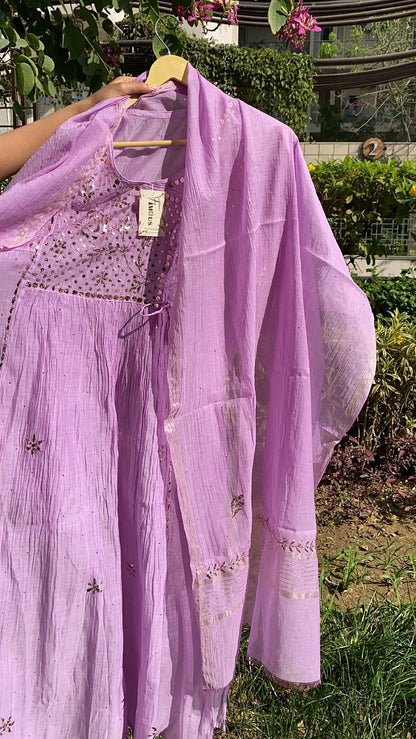 Roohani Lilac Handcrafted Mukaish Gown Set - Famous Chikankari