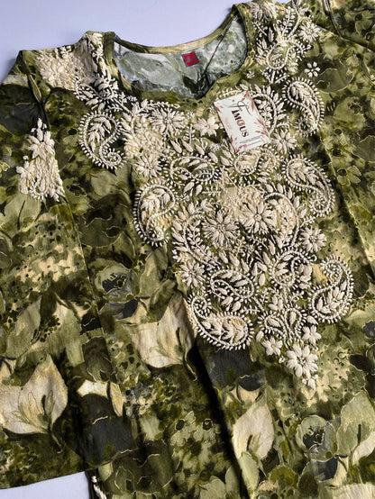 Anaya Chikankari Reyon Goldprint Long Kurti - Famous Chikankari