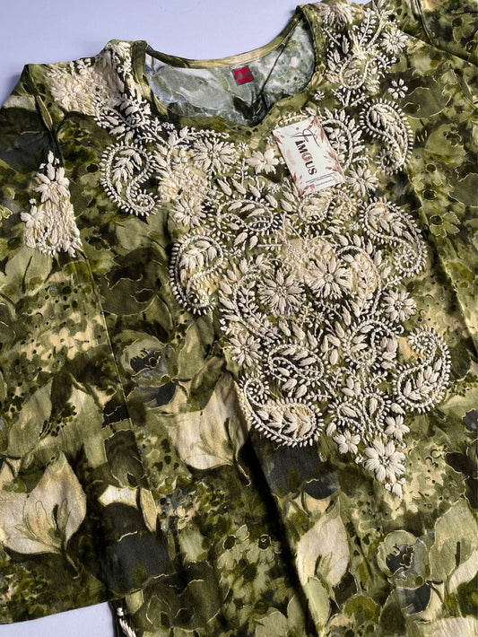 Anaya Chikankari Reyon Goldprint Long Kurti - Famous Chikankari