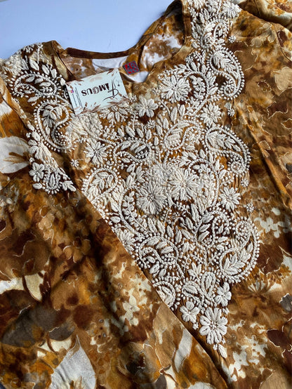 Anaya Chikankari Reyon Goldprint Long Kurti - Famous Chikankari