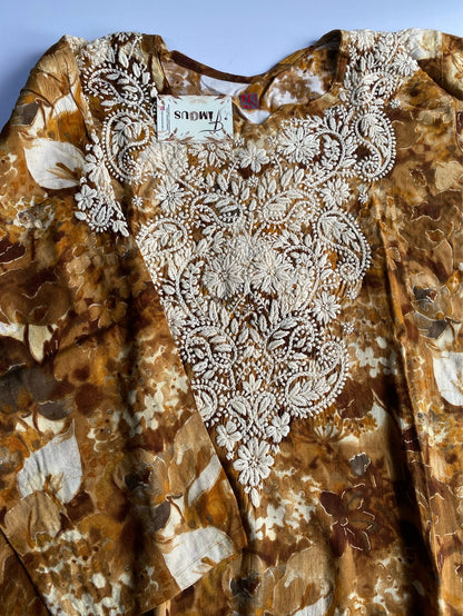 Anaya Chikankari Reyon Goldprint Long Kurti - Famous Chikankari