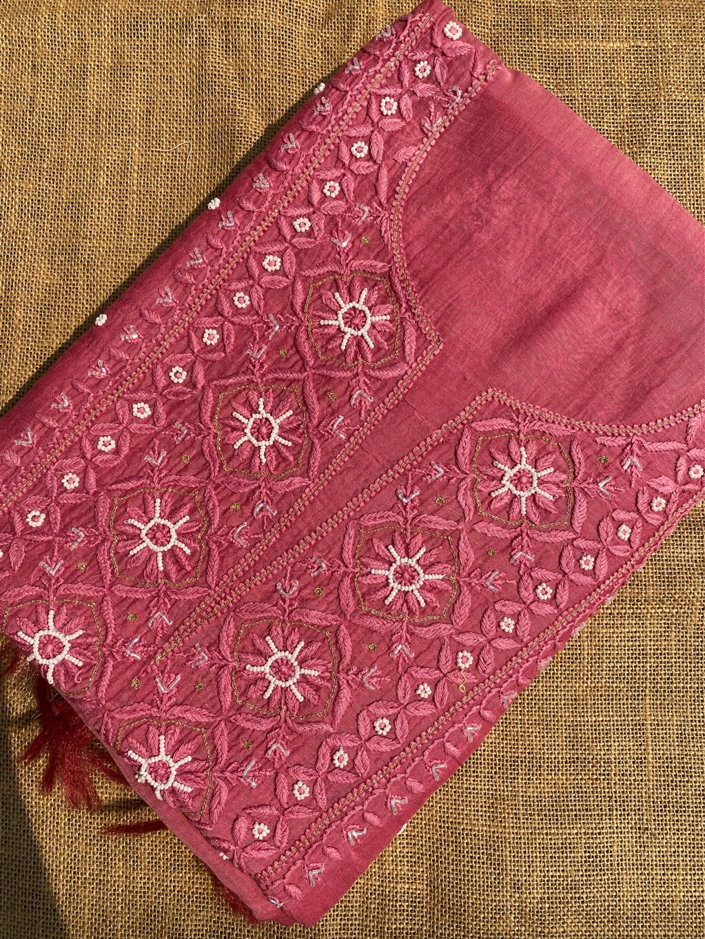 Rust Mul Chanderi Chikankari Unstitched Dress Material - Famous Chikankari