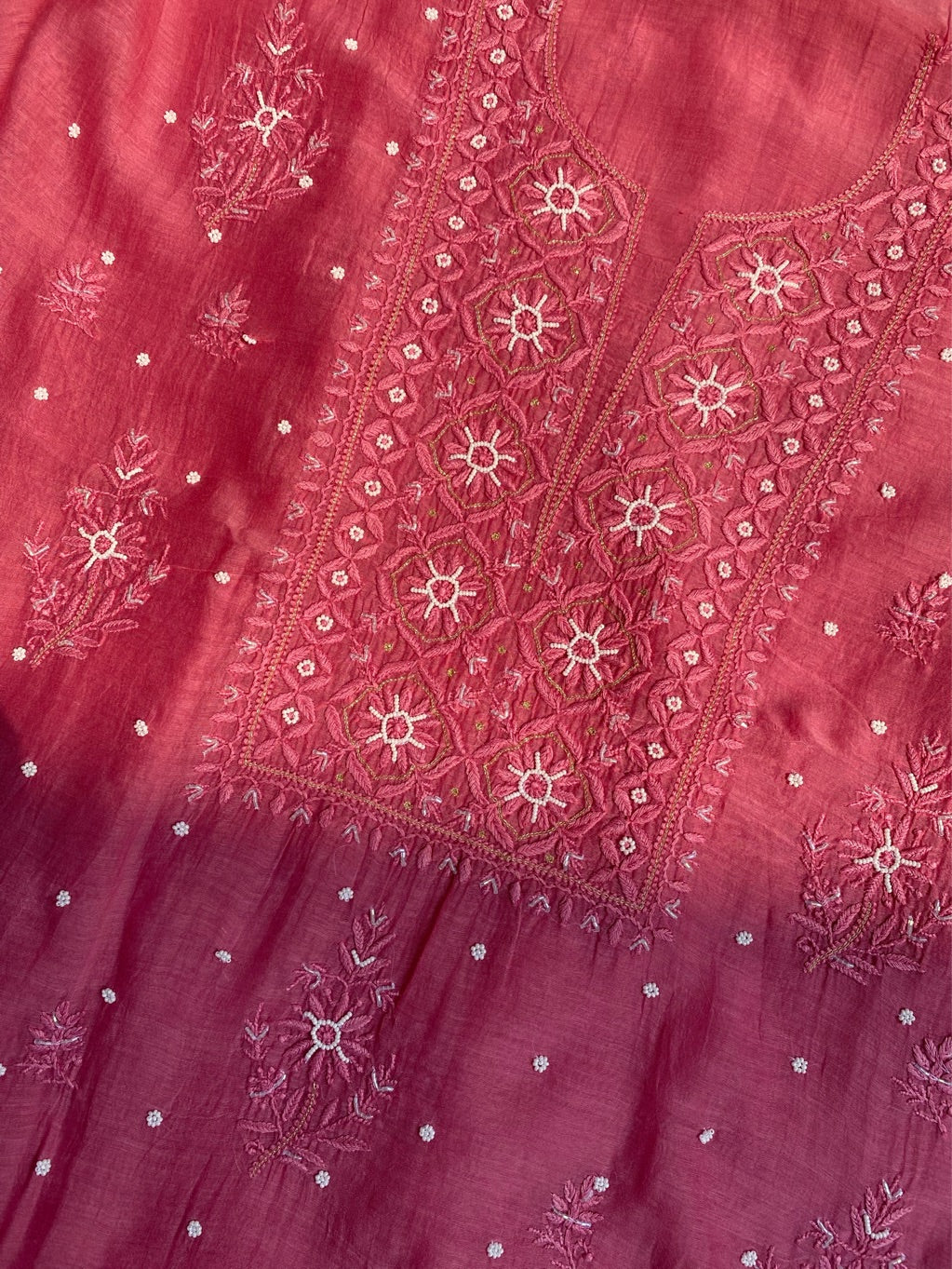 Rust Mul Chanderi Chikankari Unstitched Dress Material - Famous Chikankari