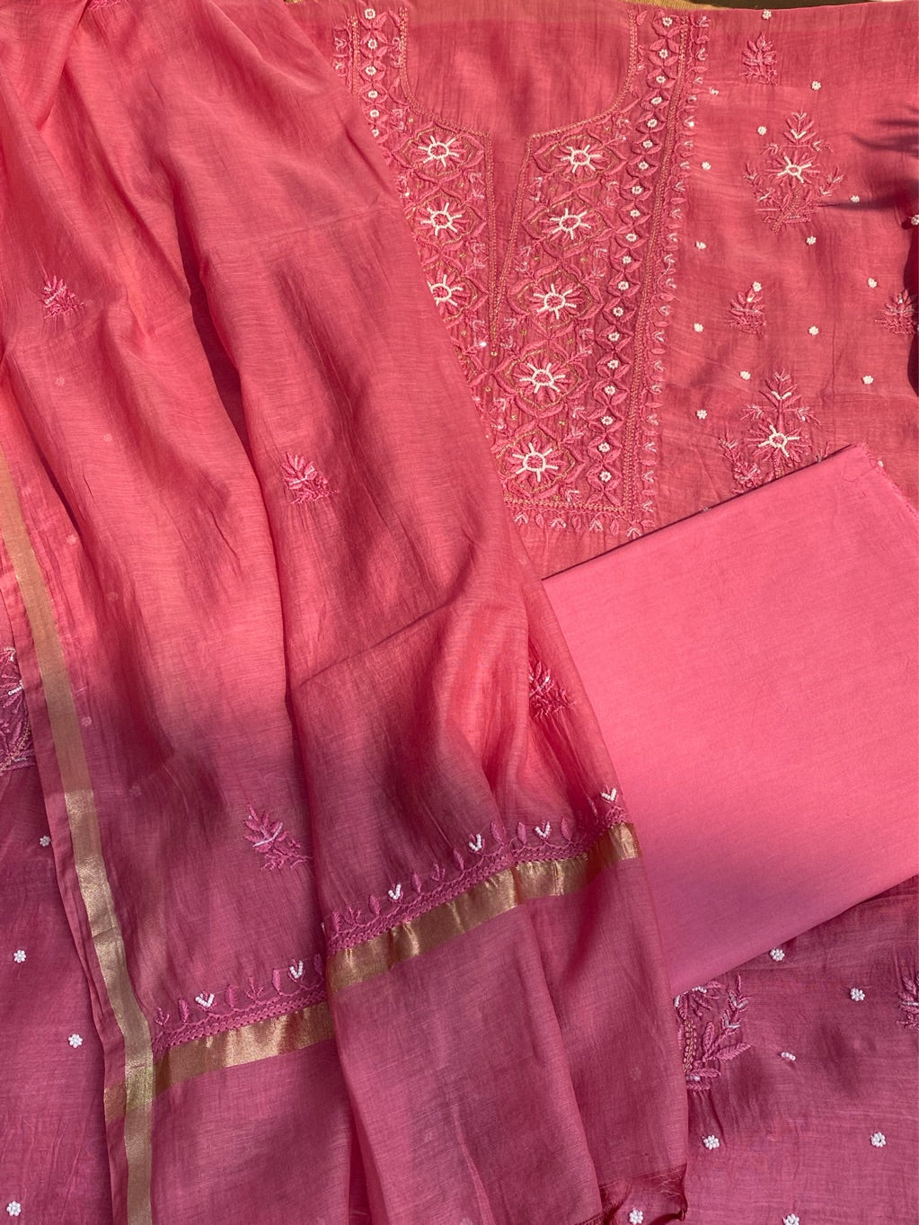 Rust Mul Chanderi Chikankari Unstitched Dress Material - Famous Chikankari