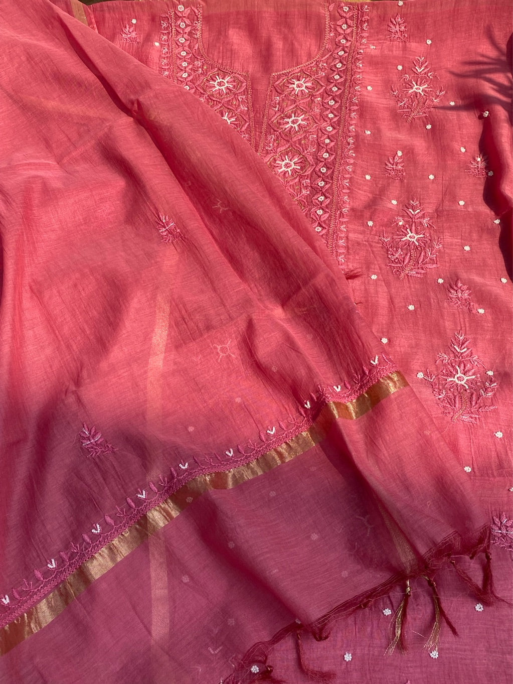 Rust Mul Chanderi Chikankari Unstitched Dress Material - Famous Chikankari