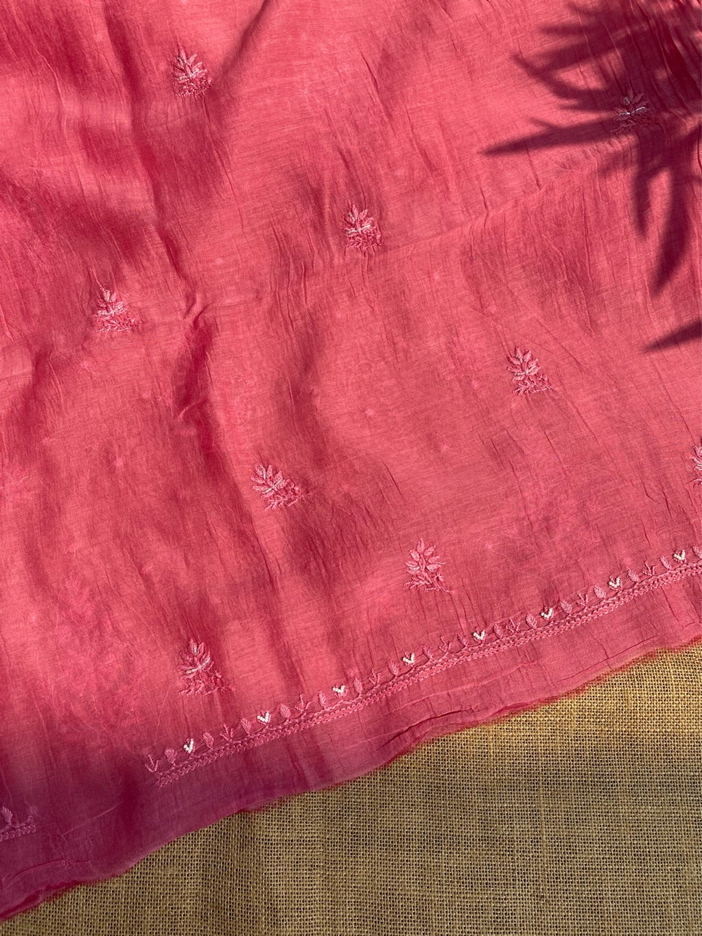 Rust Mul Chanderi Chikankari Unstitched Dress Material - Famous Chikankari