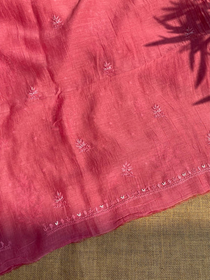 Rust Mul Chanderi Chikankari Unstitched Dress Material - Famous Chikankari