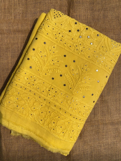 Yellow Chikankari Mukaish Viscose Unstitched Dress - Famous Chikankari