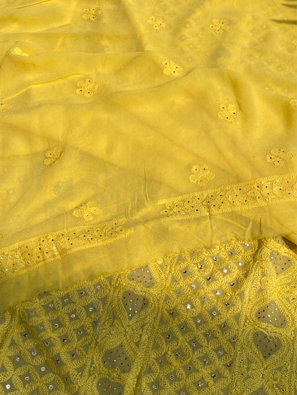 Yellow Chikankari Mukaish Viscose Unstitched Dress - Famous Chikankari