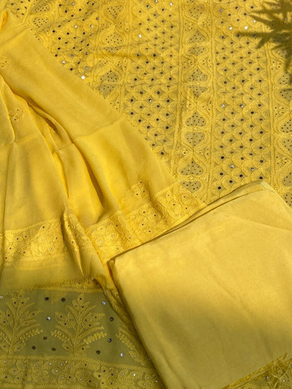 Yellow Chikankari Mukaish Viscose Unstitched Dress - Famous Chikankari