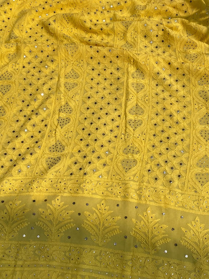 Yellow Chikankari Mukaish Viscose Unstitched Dress - Famous Chikankari
