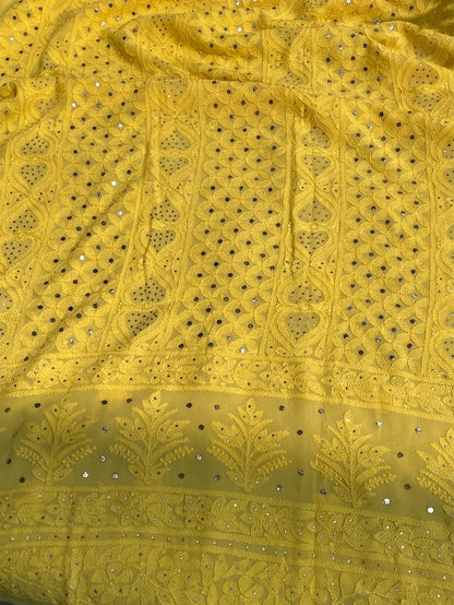 Yellow Chikankari Mukaish Viscose Unstitched Dress - Famous Chikankari