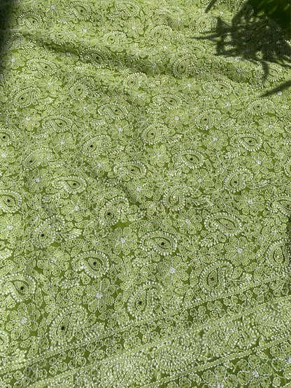 Green Chikankari Georgette Unstitched Dress - Famous Chikankari