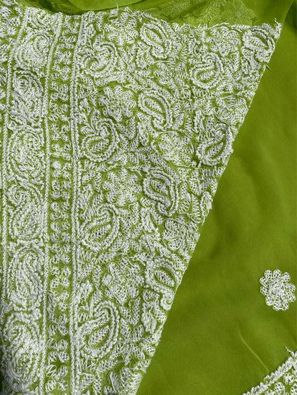 Green Chikankari Georgette Unstitched Dress - Famous Chikankari