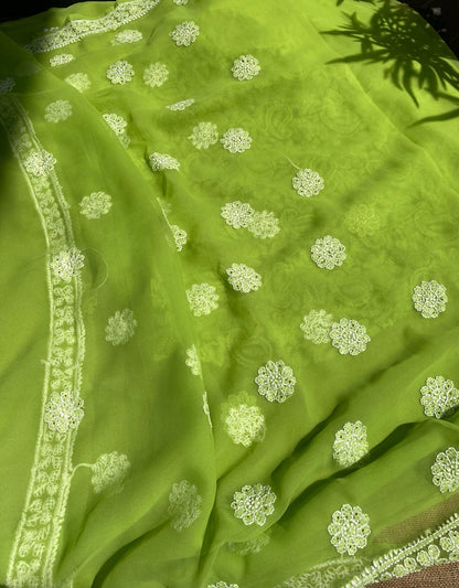 Green Chikankari Georgette Unstitched Dress - Famous Chikankari