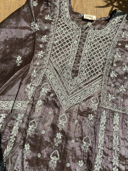 Metallic Coffee Brown Chikankari Tissue Gown Set - Famous Chikankari