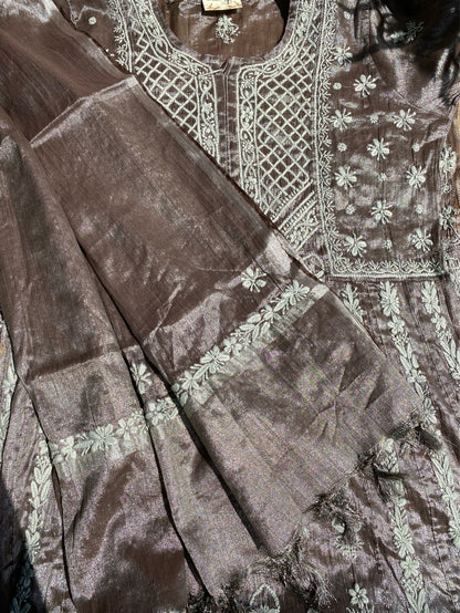 Metallic Coffee Brown Chikankari Tissue Gown Set - Famous Chikankari