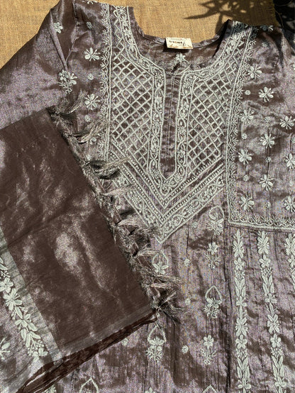 Metallic Coffee Brown Chikankari Tissue Gown Set - Famous Chikankari
