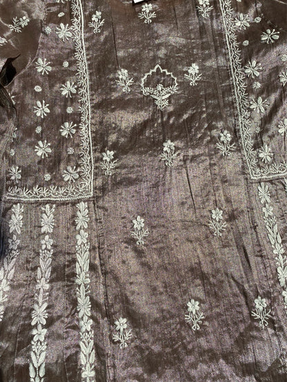 Metallic Coffee Brown Chikankari Tissue Gown Set - Famous Chikankari