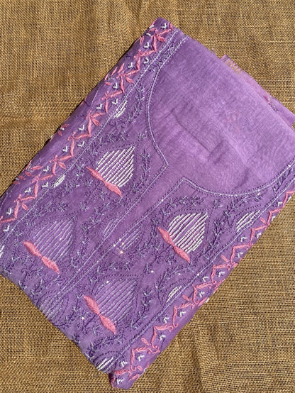 Purple Chikankari Jaal Work Unstiched Kurta Dupatta Set - Famous Chikankari