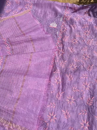 Purple Chikankari Jaal Work Unstiched Kurta Dupatta Set - Famous Chikankari