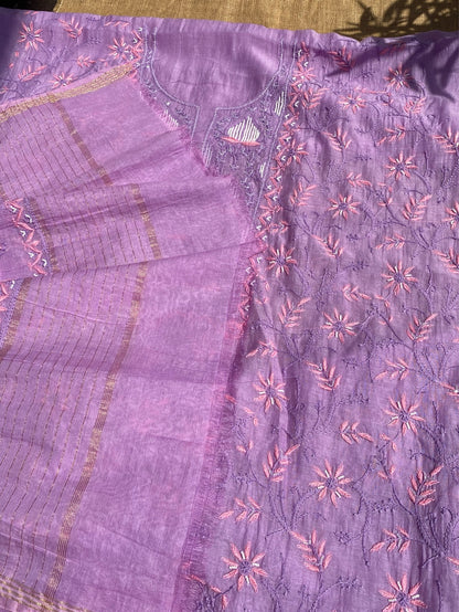 Purple Chikankari Jaal Work Unstiched Kurta Dupatta Set - Famous Chikankari