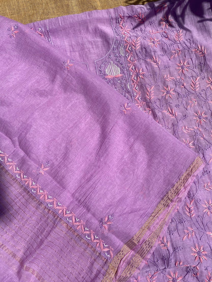 Purple Chikankari Jaal Work Unstiched Kurta Dupatta Set - Famous Chikankari