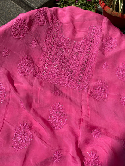 Rani Pink Chikankari Mukaish Unstiched Dress - Famous Chikankari
