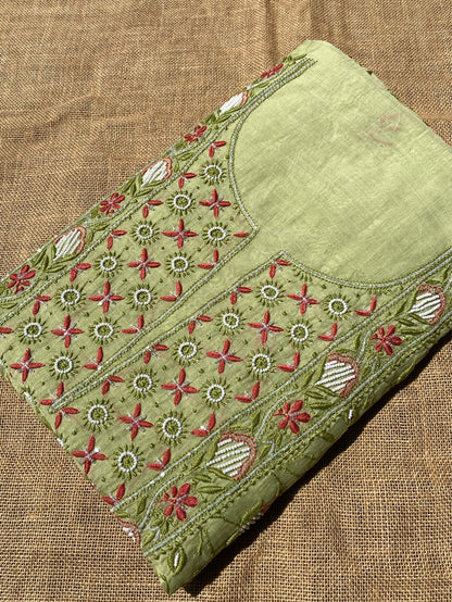 Pista Green Chikankari Jaal Work Unstiched Kurta Dupatta Set - Famous Chikankari