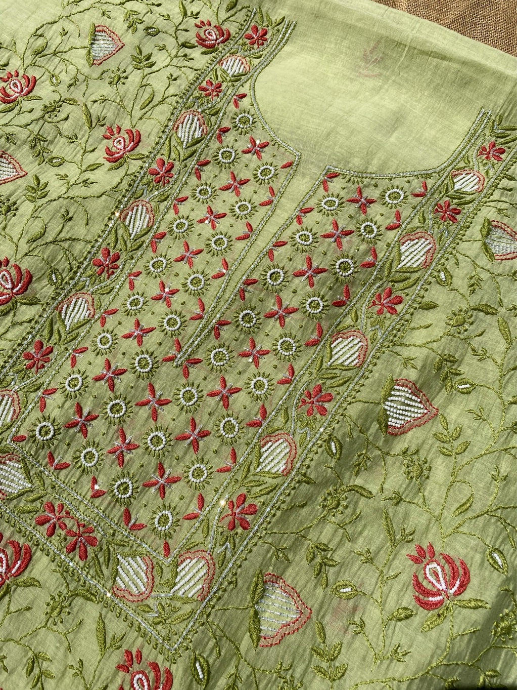 Pista Green Chikankari Jaal Work Unstiched Kurta Dupatta Set