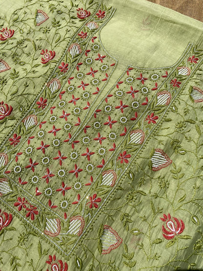 Pista Green Chikankari Jaal Work Unstiched Kurta Dupatta Set - Famous Chikankari