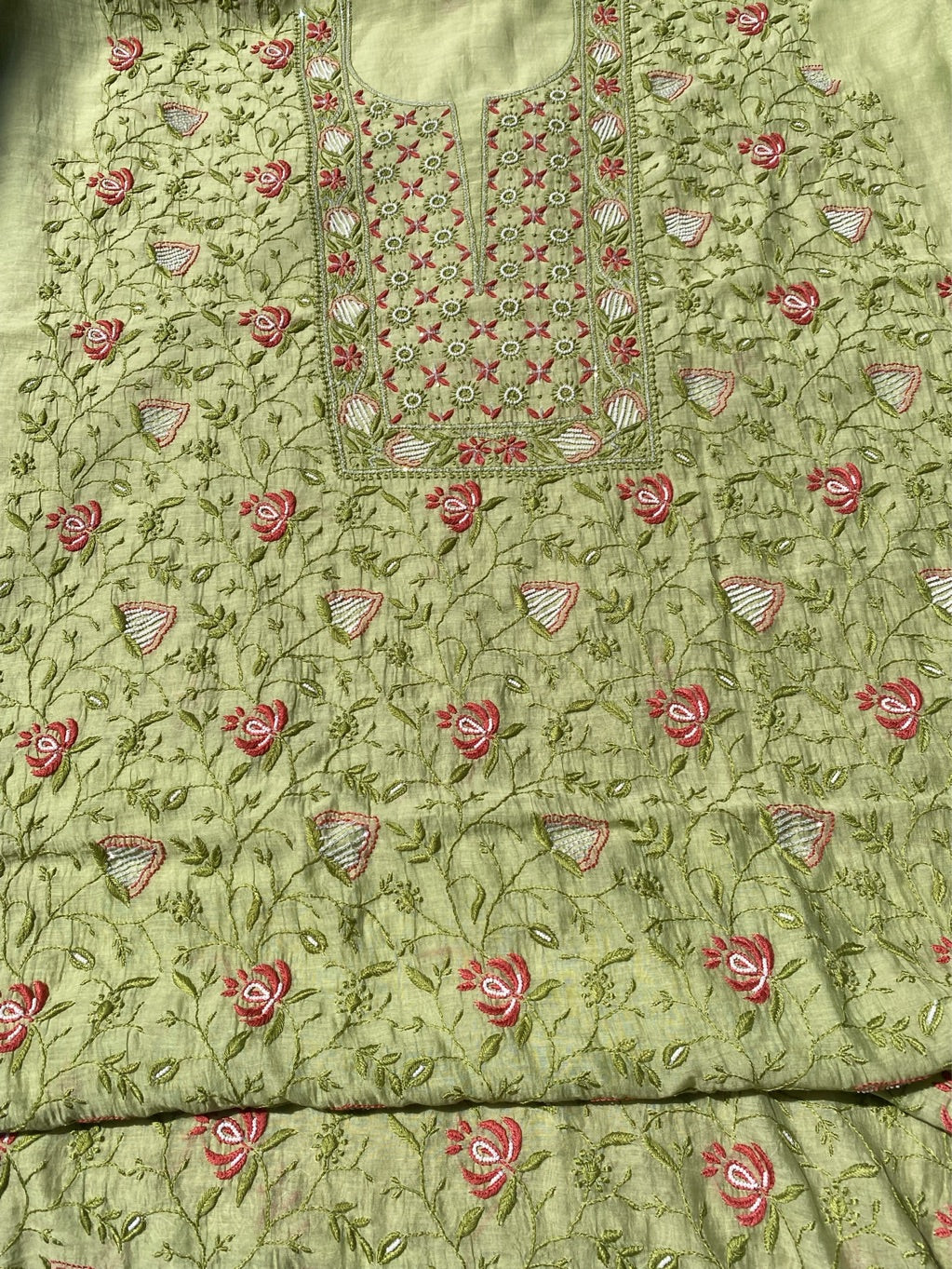 Pista Green Chikankari Jaal Work Unstiched Kurta Dupatta Set
