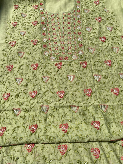 Pista Green Chikankari Jaal Work Unstiched Kurta Dupatta Set - Famous Chikankari