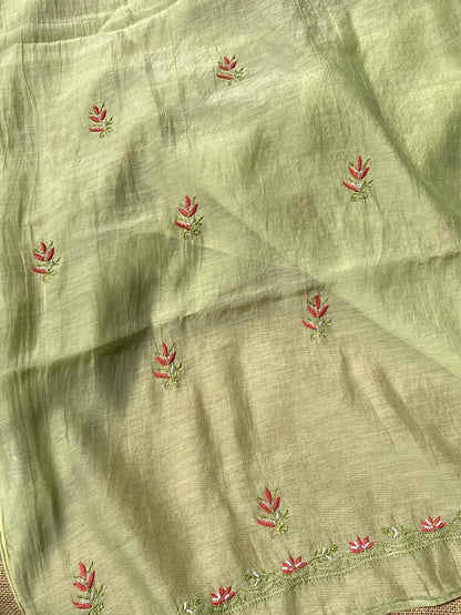 Pista Green Chikankari Jaal Work Unstiched Kurta Dupatta Set - Famous Chikankari