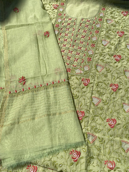 Pista Green Chikankari Jaal Work Unstiched Kurta Dupatta Set - Famous Chikankari