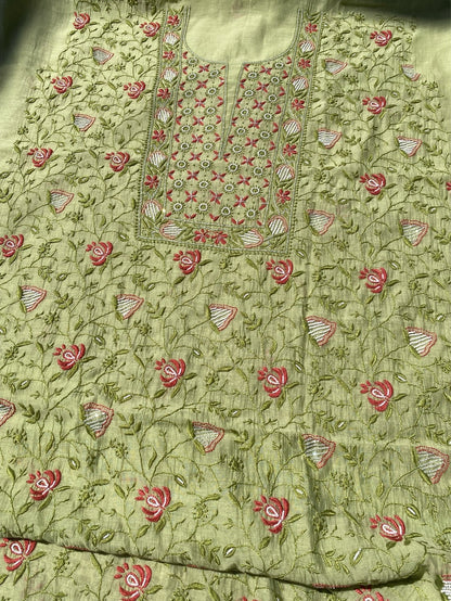 Pista Green Chikankari Jaal Work Unstiched Kurta Dupatta Set - Famous Chikankari