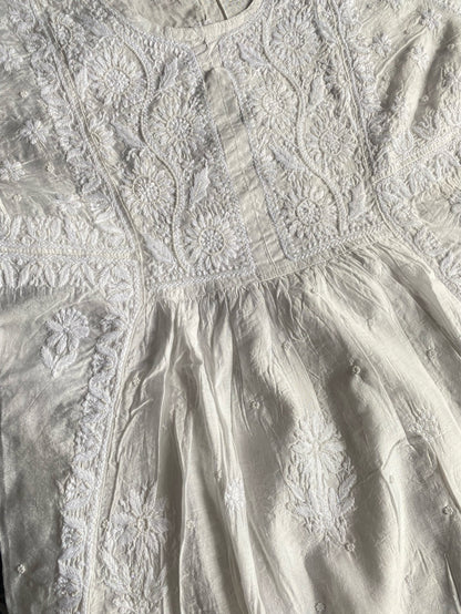 Off White Chikankari Semi-Stitched Gown With Dupatta - Famous Chikankari