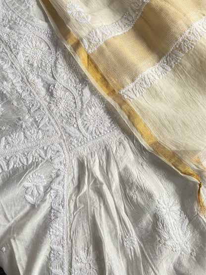 Off White Chikankari Semi-Stitched Gown With Dupatta - Famous Chikankari