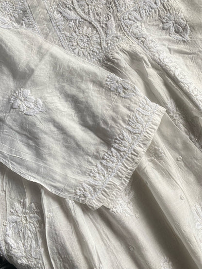 Off White Chikankari Semi-Stitched Gown With Dupatta - Famous Chikankari