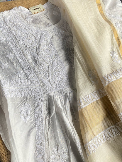 Off White Chikankari Semi-Stitched Gown With Dupatta - Famous Chikankari