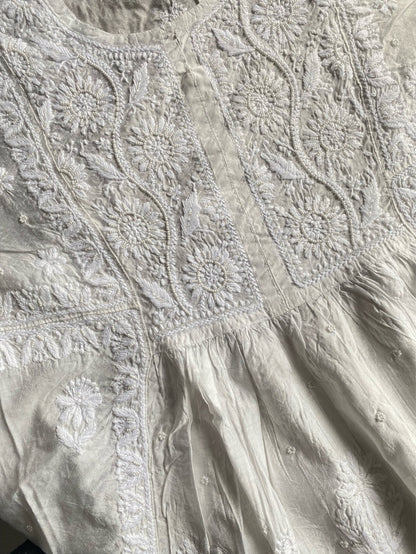 Off White Chikankari Semi-Stitched Gown With Dupatta - Famous Chikankari