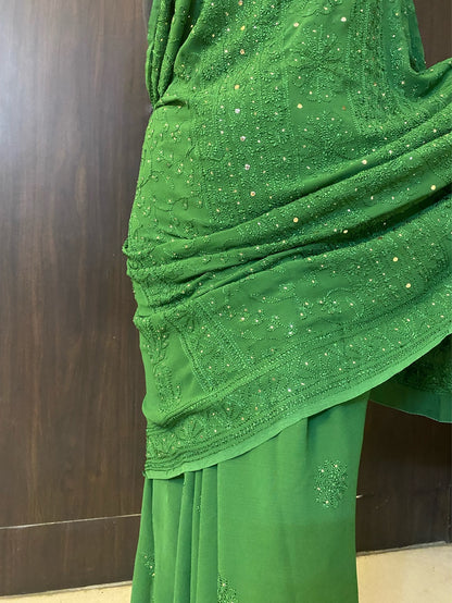 Bottle Green Chikankari Mukaish Saree - Famous Chikankari